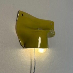 May include: A wall-mounted, olive-green light fixture with a unique, folded design. The fixture has a small, round light bulb at the bottom, and a silver wire extends from the bulb. Two holes are visible at the top for mounting.