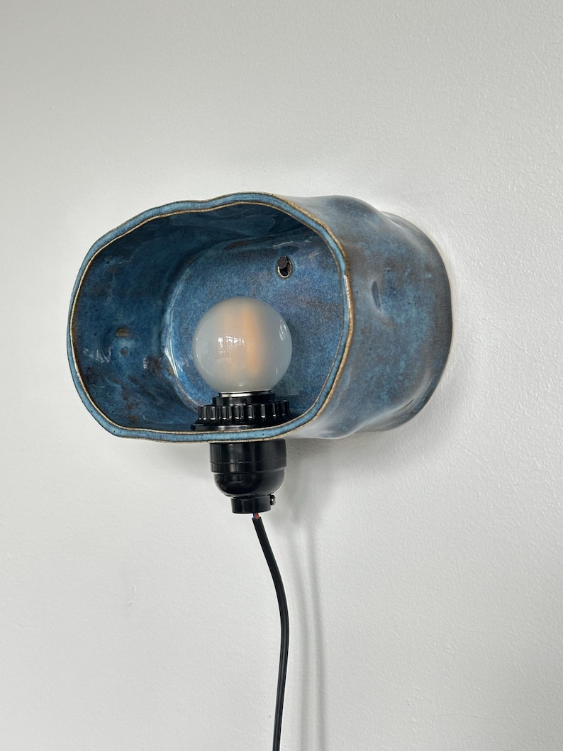 Handmade Blue Ceramic Plug-In Wall Sconce, Dimmable Modern Accent Light image 2