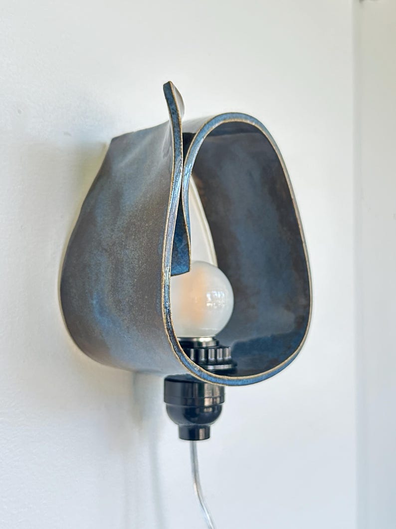 Handmade Ceramic Wall Sconce, Dimmable Blue Accent Light, Modern Ambient Lighting image 3