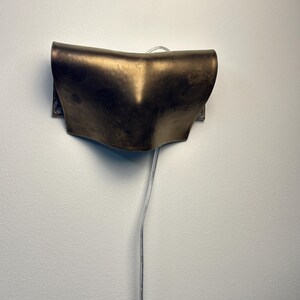 May include: A wall-mounted sconce featuring a curved, metallic bronze-toned shade with a smooth, matte finish. The fixture has a central point and is connected to a thin, clear electrical cord that hangs vertically downwards from the base.