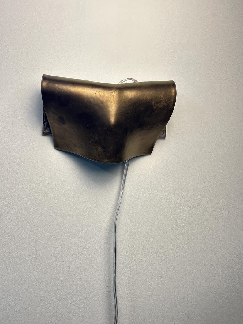 May include: A wall-mounted sconce featuring a curved, metallic bronze-toned shade with a smooth, matte finish. The fixture has a central point and is connected to a thin, clear electrical cord that hangs vertically downwards from the base.