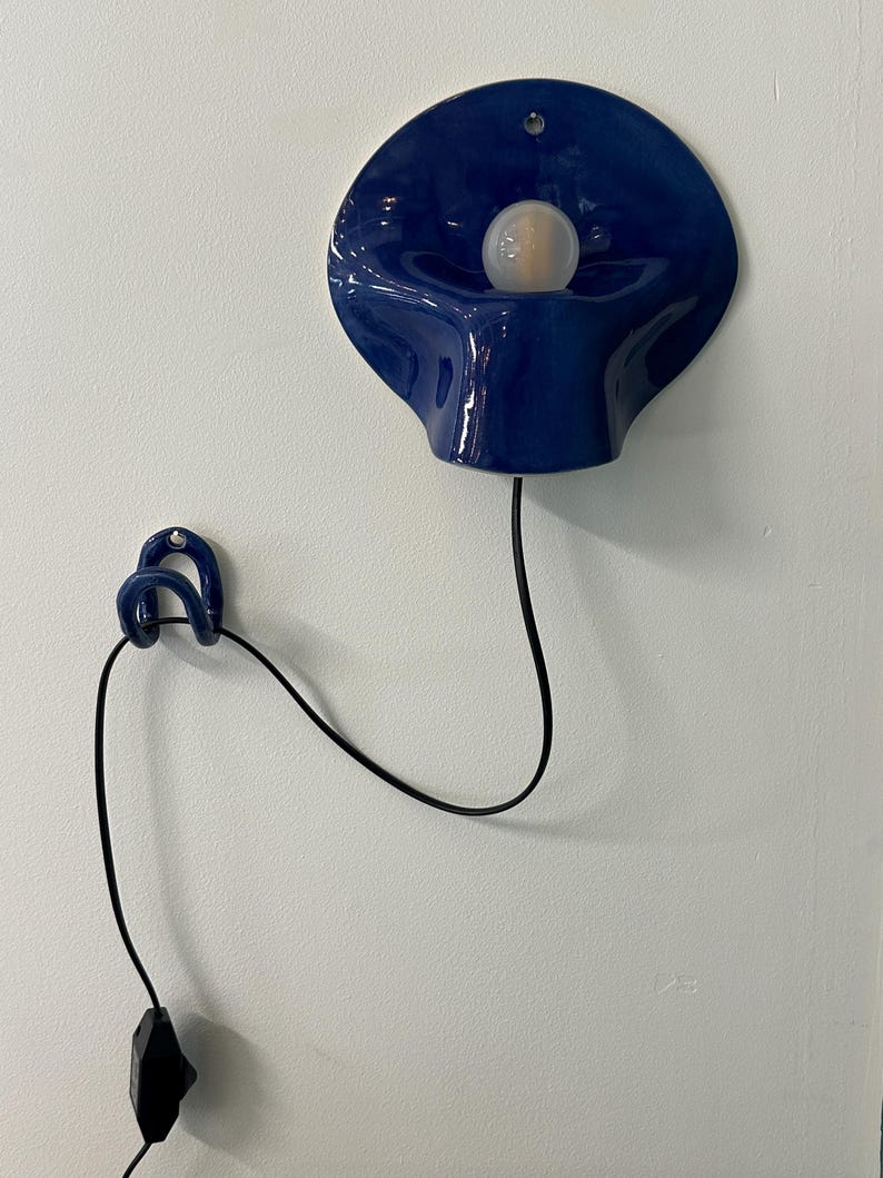 Blue Ceramic Wall Sconce, Plug-In or Hardwired Wall Light, Crystal Glaze, Unique Handmade Finish, Modern Dimmable Lamp, Bedroom Lighting image 4