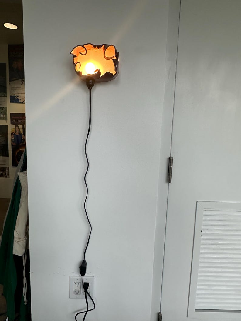 May include: A decorative wall sconce with a unique, organic shape. The sconce features a warm, orange glow emanating from within a dark brown frame. A black cord with a plug extends downward, connecting to a wall outlet.