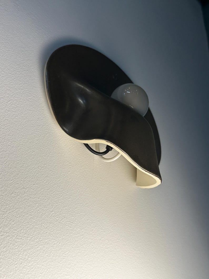 May include: A wall-mounted light fixture featuring a dark brown, curved, organic-shaped shade with a smooth finish. The interior of the shade is cream-colored, and it houses a single, small, round, white light bulb attached by a black cord.