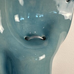 May include: A glossy, light blue ceramic wall-mounted planter with a smooth, undulating surface. It features a central horizontal metal bar for hanging and a small circular hole in the upper right corner for secure attachment to a wall surface.