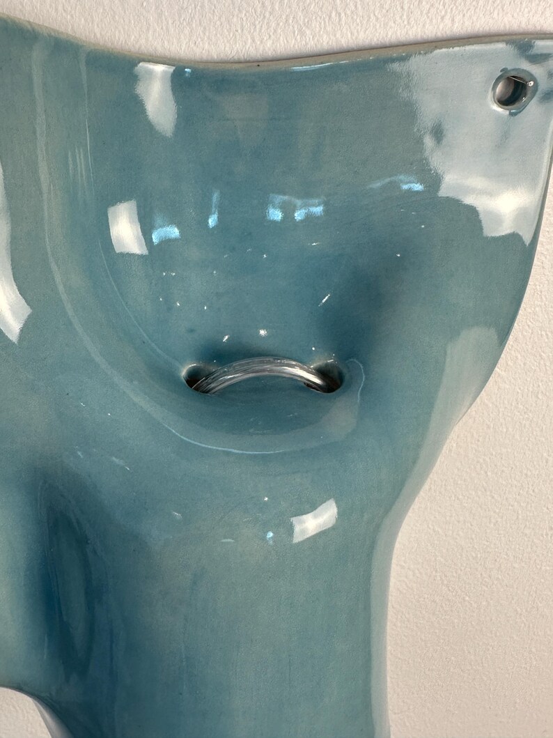 May include: A glossy, light blue ceramic wall-mounted planter with a smooth, undulating surface. It features a central horizontal metal bar for hanging and a small circular hole in the upper right corner for secure attachment to a wall surface.