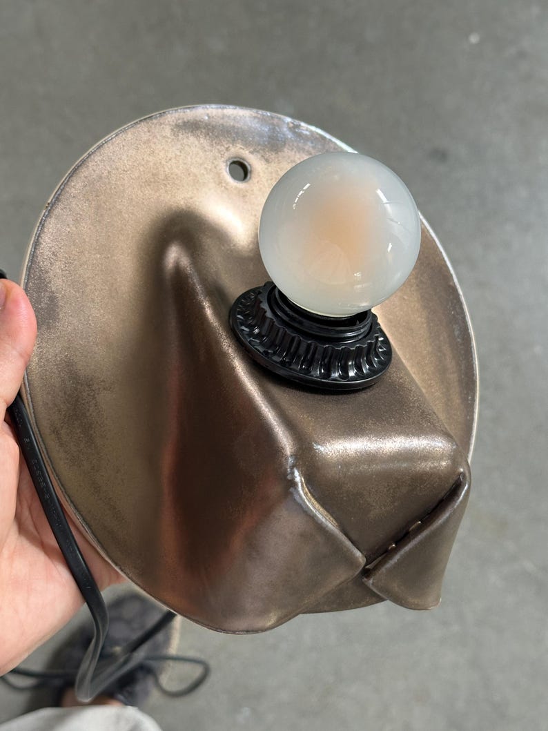 May include: A wall-mounted lamp featuring a circular, metallic bronze-toned backplate with a folded, sculptural design. A black socket is centered on the plate, holding a small, round, frosted white light bulb. A black power cord extends from the side.