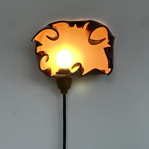 May include: A decorative wall sconce with a warm, glowing light. The sconce has a dark brown, organic shape with a light bulb in the center. The light is surrounded by a cutout design. A black cord extends downward.