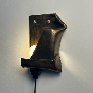 May include: A wall-mounted lamp featuring a dark, metallic, folded sheet-like structure with a smooth, curved surface. A single round light bulb is positioned within the lower section, emitting a warm glow, connected by a black cord.
