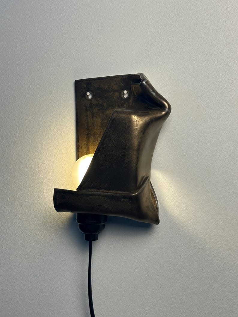 May include: A wall-mounted lamp featuring a dark, metallic, folded sheet-like structure with a smooth, curved surface. A single round light bulb is positioned within the lower section, emitting a warm glow, connected by a black cord.
