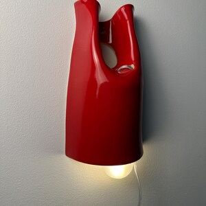 May include: A glossy red wall-mounted lamp with a smooth, organic, and asymmetrical silhouette. The fixture features a central cutout and a downward-facing light bulb that emits a soft glow, connected by a thin, transparent electrical cord.