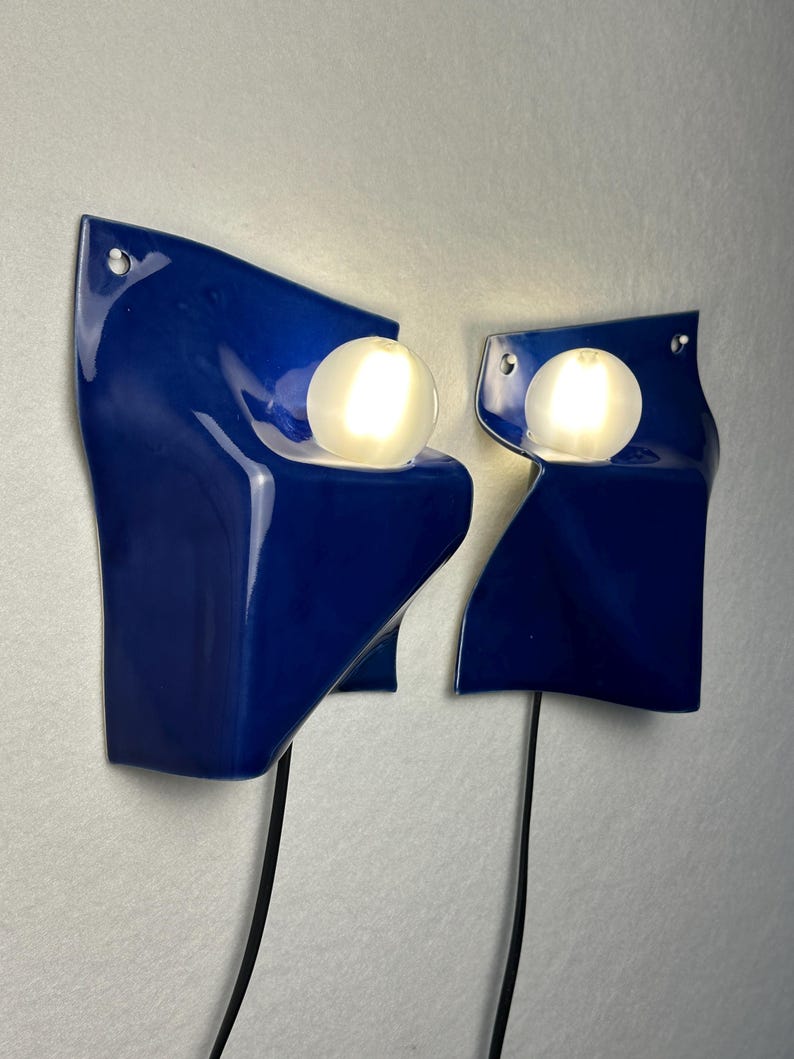 Handmade Blue Ceramic Wall Sconces, Plug-In Bedside Accent Lighting (Set of 2) image 8