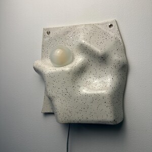 May include: A wall-mounted lamp featuring a white ceramic base with a black speckled pattern. The base has an irregular, molded shape with a circular cutout holding a frosted glass globe light bulb. A thin black power cord extends from the bottom.
