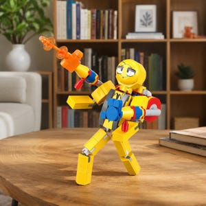 May include: A yellow and orange toy robot figure with a blaster. The robot has a yellow body, with blue and red accents. The robot is posed on a wooden table in front of a bookshelf.