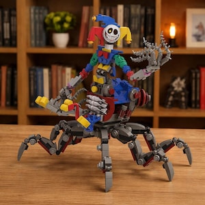 Puede incluir: Una colorida escultura de Lego de un bufón montando una araña mecánica. El bufón viste un atuendo rojo, amarillo, azul y verde. La araña es gris con detalles rojos y amarillos. La escultura está sobre una superficie de madera.
