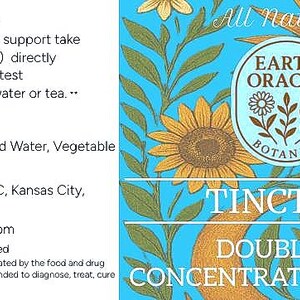 Op de afbeelding: Een productlabel voor Earth Oracle Botanics tinctuur. Het label heeft een blauwe achtergrond met bloemen- en zonillustraties. Tekst bevat "Tinctuur", "Dubbele (2X) Geconcentreerd Extract" en ingredi&euml;nteninformatie. Gemaakt in de VS.