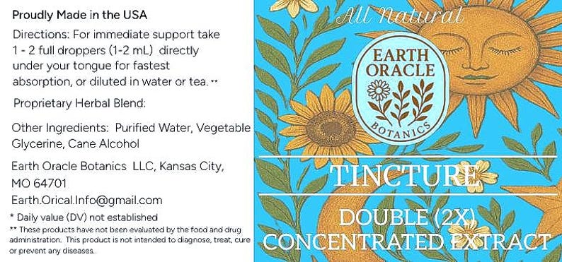 Op de afbeelding: Een productlabel voor Earth Oracle Botanics tinctuur. Het label heeft een blauwe achtergrond met bloemen- en zonillustraties. Tekst bevat "Tinctuur", "Dubbele (2X) Geconcentreerd Extract" en ingredi&euml;nteninformatie. Gemaakt in de VS.