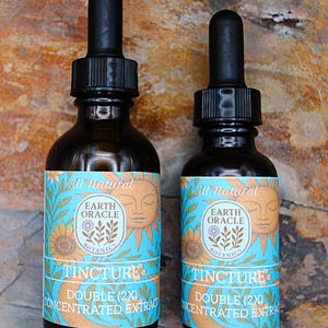 Op de afbeelding: Twee donker amberkleurige tinctuurflessen met zwarte druppelaars. De etiketten hebben een turquoise achtergrond met een zon- en zonnebloemontwerp en de tekst "Earth Oracle Botanics Tincture Double (2X) Concentrated Extract."