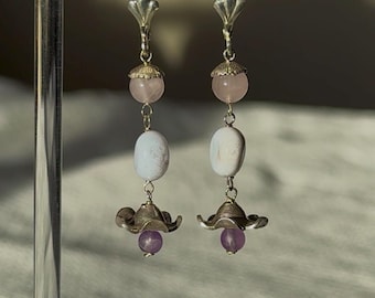Blue Lace Agate, Rose Quartz and Amethyst Dangle Earrings
