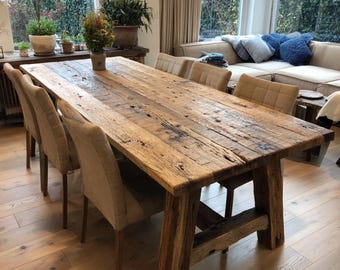 Table de salle à manger en noyer fait main, style ferme rustique