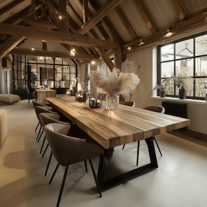 May include: A substantial wooden dining table with a natural finish, supported by black metal legs. The table is surrounded by upholstered chairs. The room features exposed wooden beams, decorative candles, and a large window.
