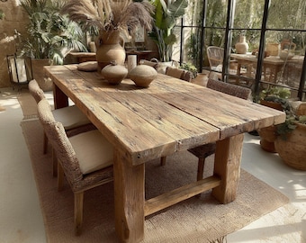 Table de salle à manger en noyer fait main, style campagnard en bois massif