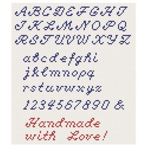 May include: A cross-stitch pattern on white fabric featuring the full alphabet in uppercase and lowercase letters, numbers zero through nine, an ampersand, and the red text "Handmade with Love!" in a cursive font. The letters are dark blue.