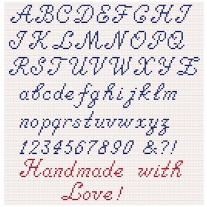 May include: A cross-stitch pattern on white fabric featuring the full alphabet in uppercase and lowercase letters, numbers 0-9, and symbols &?! in dark blue. The phrase "Handmade with Love!" is stitched in red at the bottom of the design.