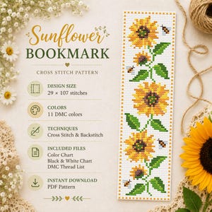 Könnte beinhalten: Ein Kreuzstichmuster für ein Sonnenblumen-Lesezeichen mit gelben Sonnenblumen, grünen Blättern und kleinen Bienen. Der Text lautet Sunflower BOOKMARK, CROSS STITCH PATTERN, DESIGN SIZE 29 x 107 stitches, 11 DMC colors, PDF Pattern.