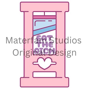 May include: A pink graphic of a guillotine with a heart and the text "EAT THE RICH" in purple. The guillotine has a window with blue and white accents. The words "Materfam Studios Original Design" are also present.