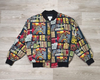 Vintage zijden bomberjack uit de jaren 90 • Lichtgewicht • Abstracte grafische kunst • Meerkleurig • Streetwear • Old School • M/L • Unisex