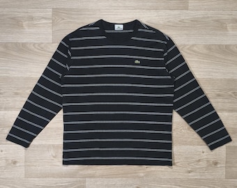 Vintage Lacoste Long Sleeve Tee • 90s Striped Shirt • Black Faded Cotton • Size L Oversize • Retro Sportswear Top • French Vintage