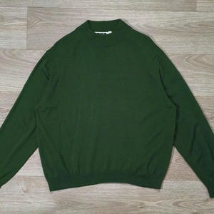 Vintage 80s 90s French Wool Knit Sweater • PierBé • Green Mock Neck Jumper • Men’s M Boxy Fit or Women’s Oversized • Retro Minimalist Style