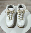 Timberland Euro Hiker Mid Boots • Vintage 2000s Retro Y2K Workwear • White Leather Gold Embroidered Logo • Rare Color • Size EU 45 US 11 Men