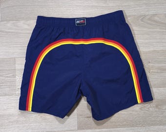 Vintage 90s Navy Blue Rainbow Board Shorts • Retro Surf Swimwear • Embroidered Nylon Beach Shorts • Unisex M/L Summer Fit