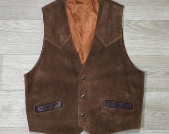 Vintage Brown Suede Leather Vest • Western Cowboy Ranch Style Waistcoat • Heritage Americana Outfit • Genuine Suede Vest • L Unisex