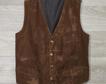 Vintage Brown Faux Suede Western Vest • Adjustable Back Strap Cowboy Waistcoat • 90s Ranch Workwear Style • Unisex M/L Heritage Layering