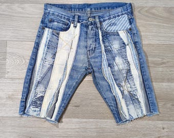 Pantalones cortos vaqueros patchwork de Ralph Lauren Denim & Supply • Vaqueros desgastados • Archivo de ropa urbana Y2K • Talla S de mujer / Talla W28 de hombre