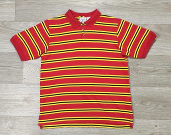 Vintage-Polohemd mit roten und gelben Streifen • Baby-T-Shirt im Y2K-Stil • Preppy-Ivy-League-Look • Damengröße S/XS • Sommertop • Baumwoll-Polohemd • Retro-90er-Jahre-Stil