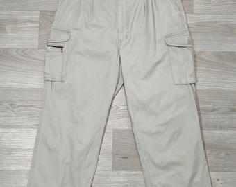 Y2K Japanse werkbroek met cargozakken • Beige broek met dubbele plooien • Hoge taille, relaxte rechte pasvorm EvenRiver W36 L28 Unisex