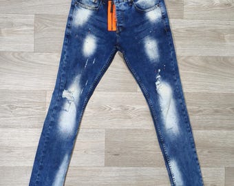 ICON2 Skinny Bleach Wash Jeans met verfspatten • Y2K Biker Streetwear Denim • Stretch Skinny Fit • W31 L32 • Unisex Glam Denim Fashion