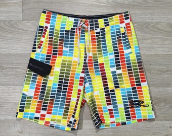Bañador estilo vintage Y2K • Mosaico de píxeles multicolor • Estilo retro surf • Bañador de verano • Talla L W34 • Unisex