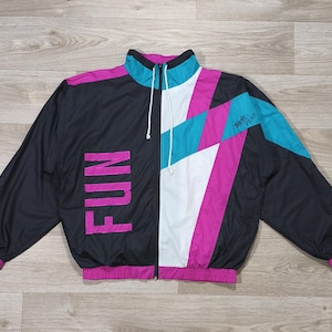 Vintage 80s 90s Colorblock Jacket • Black Turquoise Fuchsia • FUN • Old School Streetwear • Retro Windbreaker • Unisex M/L