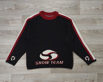 Vintage SNOW TEAM Sweater 80s 90s • Retro Ski Knit Black Red White • Streetwear Oversized Unisex • Graphic Winter Jumper • Size M Boxy