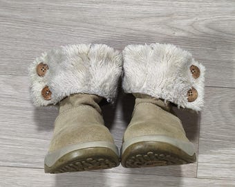 Skechers Tone-Ups Mid-Calf Boots • Beige Sand Suede Leather • Faux Fur Lined • Chunky Y2K 2000s • EU 37 • US 7 • UK 4