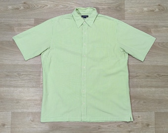 Pastel Green Striped Summer Shirt • Lands’ End • Late 2000s • Oversized XL 2XL • Preppy Ivy League Old Money • Riviera Chic • Y2K Vibe