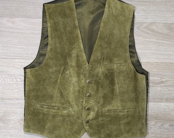 Vintage Olive Khaki Suede Leather Vest • 80s 90s French Design • Unisex M/L • Pigskin Velor • Classic Tailored Waistcoat • Workwear Chic