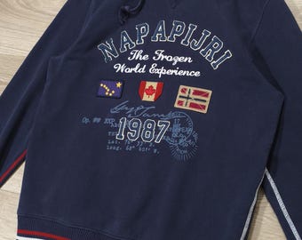 Napapijri Hoodie 1987 Frozen World • Retro 80s 90s Explorer • Embroidered Flags Sweatshirt • Vintage Streetwear XL Regular Fit