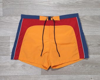 Vintage Y2K Colorblock Swim Shorts • Orange Red Navy Blue • Surf Beachwear • Old School Vibe • Retro Boardshorts • Unisex XXL