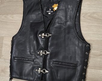 Vintage Black Leather Biker Vest • Y2K Early 2000s Genuine Leather • Heavy Lace Up Sides • Hook Closure Motorcycle Vest • Size M/L Unisex